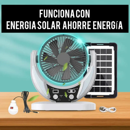 VENTILADOR PORTATIL CON LUZ LED, BOMBILLO Y PANEL SOLAR