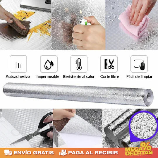 PROTECTOR EN PAPEL ALUMINIO CORRUGADO 60CM X 3M ADHESIVO PARA COCINA